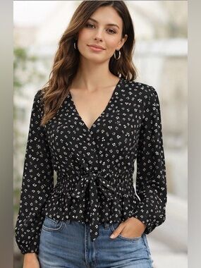 Stella Luce Midnight Black Floral Tie Waist Blouse L